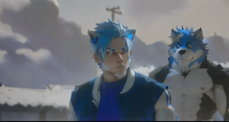 anime furry, male, wolf man, human blue hair, muscle furry