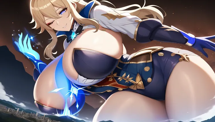 a girl using blue magic,jean genshin impact,(jk huge tits),milf,mature female,curvy body,good detail,one eye closed,giga size,taller then a mountain,looming over a city,destruction,magic,mystical,beautiful,seductive smile,temptation,shining eyes,shadow ove...