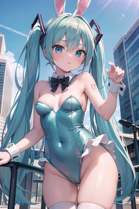 (8K, RAW photography, Best Quality, masterpiece: 1.2), high-definition RAW color photography, Professional Photography, Cinematic Light, (miku:1.5), (animesque:1.2), (bunny costume:1.5), (doing a split:1.0), (on a pole:0.8), handcuffs:1.3, sexy pose, slend...