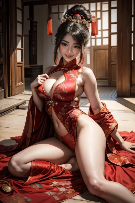 (8K, Raw photo, Best Quality, Masterpiece:1.2), (Realism, Photorealistic:1.3), (Sharp Focus)、Double exposure effect and semi-transparent images、Full body shot of a woman in a red dress lying on a blanket, A smile that invites viewers、Large, even eyes、palac...