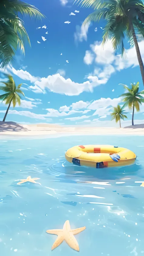 there is a life preserver floating in the water near palm trees, summer time, summer unreal engine 5, floating on the ocean, floating in the ocean, realistic scene, its is relaxing on a beach, summertime, sunny environment, relaxing concept art, beach back...