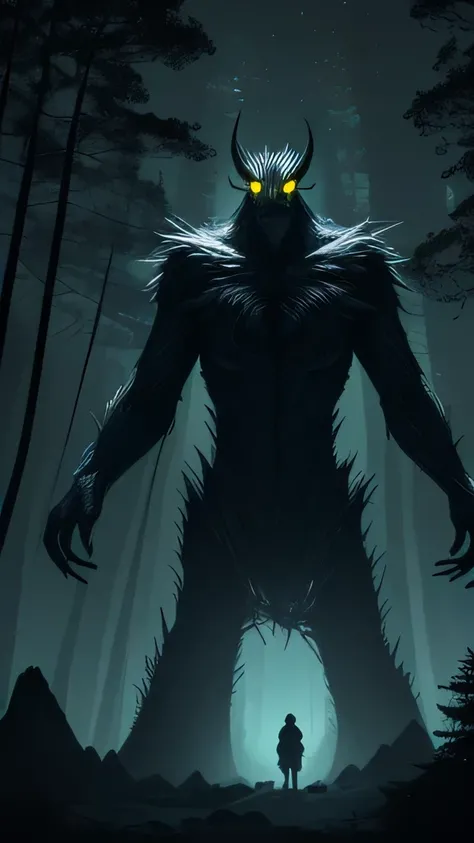 A creature with super giant height standing behind the mountains with his white eyes glowing at night in. Forest