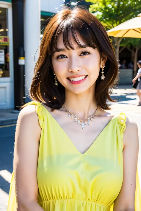 Top quality, ultra high resolution, (photorealistic: 1.4), dull bangs, 20years old,bright smile, flower dress,street background,necklace,earring,cowboy shot