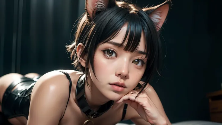 (8K, Raw photography, top-quality, ​masterpiece :1.3), (small skinny japanese girl in see through rubber suit, small perky breasts, small collar, cat ears, fear in her face :1.3), (beautiful detailed eyes, beautiful detailed lips, no lipstick, extremely de...