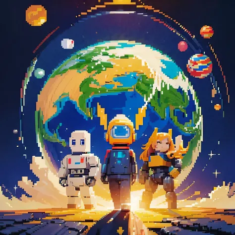 hello world, pixel art, program, robot, earth, planet, masterpiece