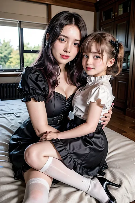 a 20-year-old woman and a 6-year-old girl, wearing traditional maid uniform, , high heels, heavy makeup, beautifully detailed fa...