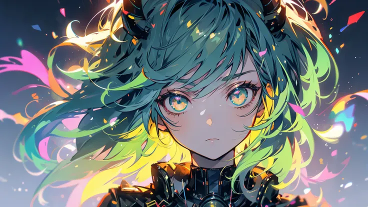 ((live 2D)) masterpiece, 1girl, full body, stands straight, steampunk clothes, military clothing, looking at viewer, detailed face, girl with green wavy hair, bangs, metal sheep horns, gradient hair, multicolored hair, light green hair, turquoise hair tips...