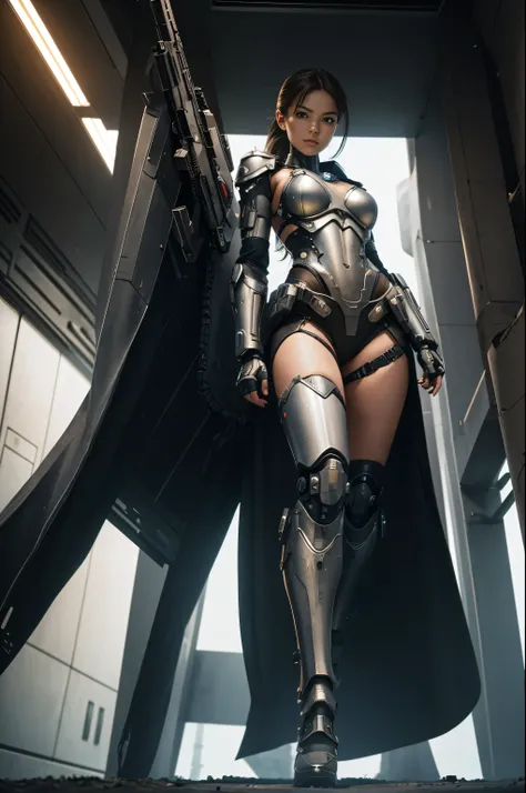 young-woman-type cyborg, bottomless, ((full body)), armored, walking toward the sunset n the battle field with her legs spread apart, with her ray gun in the holster at her right leg, beautiful chest, from front below