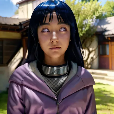 ((best quality)), ((masterpiece)), (detailed), perfect face, photorealistic photo of Hinata Hyuga (( NAruto)), She has light purple eyes and light blue black hair with bangs, she has a gnetle smile on her face and is facing forward looking direclty at the ...