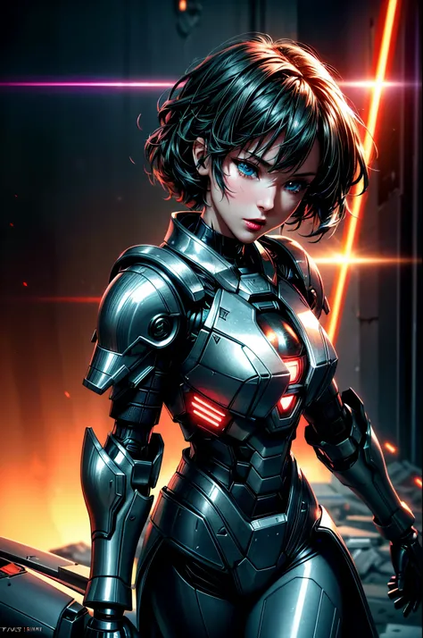 Ultra-wide shot,(((Sexy female human in futuristic armor))),fantasy,Science Fiction,Break, 
Beautiful female face,Tempting,sexy,mist,Vivid and charming eyes,Super detailed eyes,Fine textured face,soft textured skin,holding laser-sword weapon,red Glowing la...