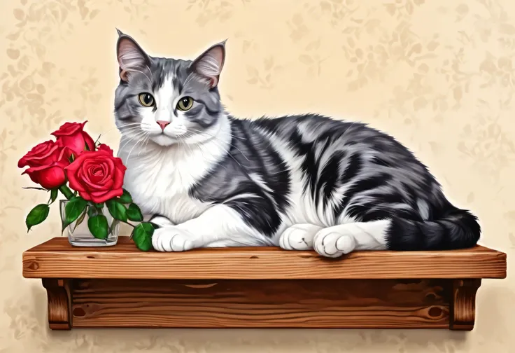 there is a Cat sitting on a wooden shelf with roses, a Digital Painting by Carol Bove, Shutterstock, fur art, adorable Digital Painting, Cat. Digital Painting, Cute and detailed digital art, Cute digital art, Cat portrait painting, anime visual of a cute C...