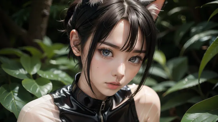 (8K, Raw photography, top-quality, ​masterpiece :1.3), (small skinny japanese girl in see through rubber suit, small breasts, small collar, cat ears, fear in her face :1.3), (beautiful detailed eyes, beautiful detailed lips, no lipstick, extremely detailed...