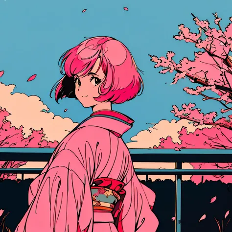 master piece, City Pop style, Pink Hair, fluffy bob cut, wearing headphones, shoulder length, alone, Futuristic, yet, lofi, retro, vintage, Ghost, light smile, cherry blossoms, ((kimono)), (( back shot )),