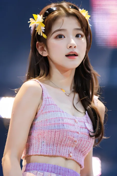 highest quality, Photorealistic, Very detailed, finely, High resolution, 8K Wallpaper, Professional, High level of detail,Detailed clavicle, Mid-chest、Perfect pretty face、Perfect pretty eyes、Cute eyelashes、(Idols singing on the big stage:1.5)、(Cute 14 year...