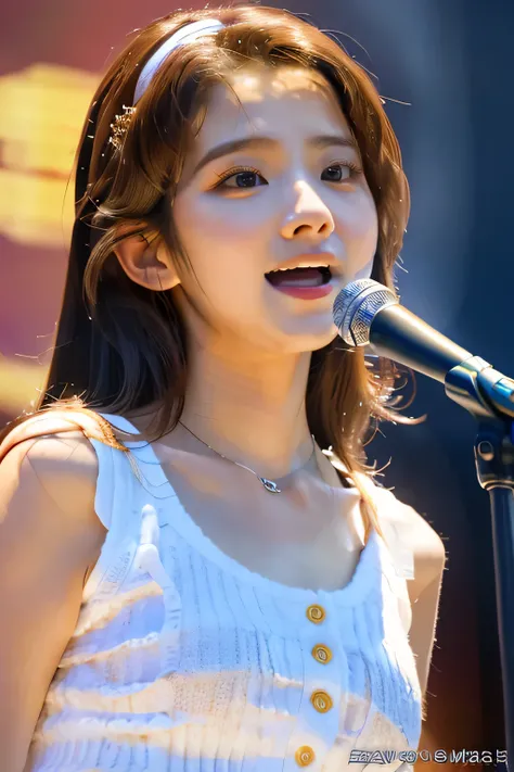 highest quality, Photorealistic, Very detailed, finely, High resolution, 8K Wallpaper, Professional, High level of detail,Detailed clavicle, Mid-chest、Perfect pretty face、Perfect pretty eyes、Cute eyelashes、(Idols singing on the big stage:1.5)、(Cute 14 year...