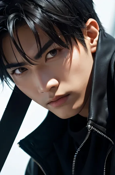 japanese male model　cool 18 year old　short black hair　slim and muscular　fierce　bright screen　close-up image