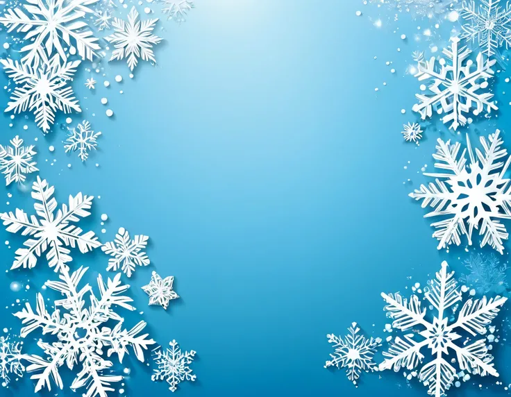 Create a beautiful winter scene with a lot of small around line page cristal sparkling snowflakes on light blue background