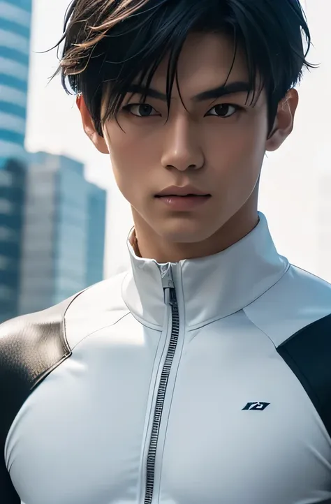 japanese male model　cool 18 year old　short black hair　slim and muscular　fierce　bright screen　close-up image　very tight white rub...