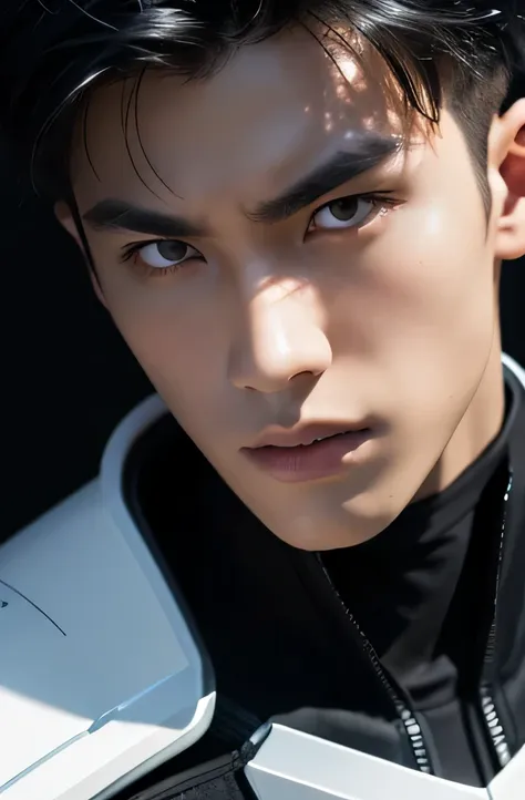 japanese male model　cool 18 year old　short black hair　slim and muscular　fierce　bright screen　close-up image　white armor