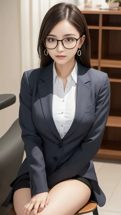 realistic, (obvious, High-quality images), Model, (job interview, Interviewer&#39;s Perspective), Frontal image of a woman wearing a miniskirt sitting on a chair and looking straight at the interviewer, Tempting by showing a glimpse of panties, Very big, (...