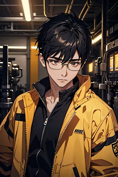 An Asian nerd guy with black hair, very short and messy, wearing a yellow jacket with black sleeves and square glasses. He is depicted as a technical person, surrounded by machines and engineering equipment. The scene also includes a robot. The image shoul...