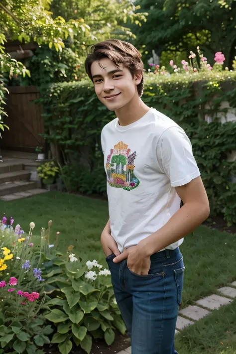 "Picture of a male teenager in the garden, der eine entspannte Pose einnimmt. Er hat kurze, dark hair and wears casual clothes, wie Jeans und ein T-Shirt. Sein Gesichtsausdruck zeigt Entspannung und Gelassenheit, while looking at the camera smiling. In the...