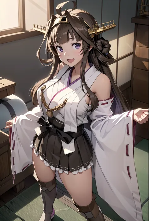 艦これ金剛, kongou, アホ毛, 茶髪, ダブルグッド, ヘアーバン, ヘアバンド, ヘッドギア, 長い髪, (紫色の目:1.1), 
壊す boots, 取り外し可能な袖, 着物, 非伝統的な巫女, リボントリム, リボンで縁取