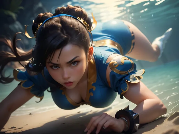 (Create a hyper-realistic masterpiece of Chun-Li, the iconic character from the Street Fighter game). (diving photo of Chun-li diving in tropical sea, starfish, clown fish, coral, sun rays, seaweed). paint on the face, realistic skin. The image must be in ...