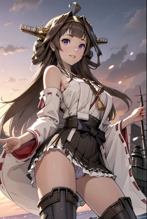 Ship Kongo, kongou, Ahoge, Brown Hair, Double good, Hair Bun, hair band, headgear, Long Hair, (Purple eyes:1.1), 
Breaking boots, Removable sleeves, kimono, Non-traditional Shrine Maiden, Ribbon trim, Sleeves edged with ribbon, Thigh-high boots, Wide sleev...