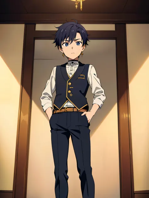 Highres, Masterpiece, Best quality at best,Best Quality,hight quality, hight detailed, Anime style, 1boy, Boy, Solo, (little boys), view from front, Idol, Prince uniform, Vest, gold earring, Choker, Trousers, Belt, (very young boy), (very small and short b...