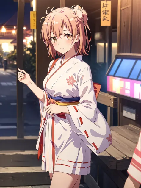 yuiyuigahama, yui yuigahama, short hair, (Brown eyes:1.5), (Pink Hair:1.2), Hair Bun, happy smile, smile, Open Mouth Single Hair Bun, smile, (Big Breasts:1.2),Bellflower,Miko, white kimono, kimono,Red too,White footbag,Sandals, same as skirt, Wide sleeves,...