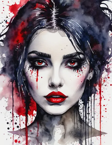 cute lady with red lips, Gothic punk style, watercolor on wet, Horror, grunge