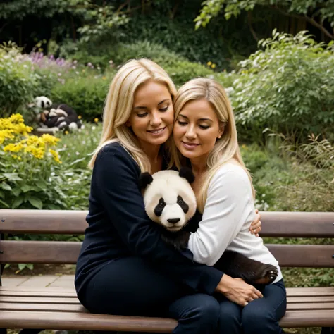 blonde woman 50 years old sitting in a bench at the garden hugging a panda