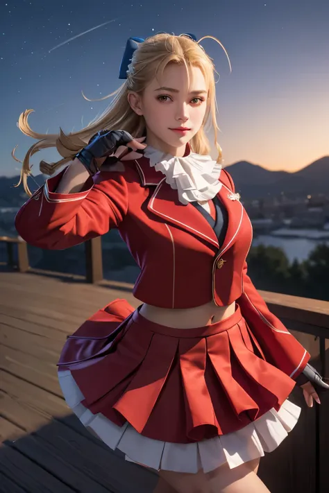 masterpiece, highest quality, sculin, hair bow, ascot, red jacket, long sleeve, frilled skirt, fingerless gloves, view your view...