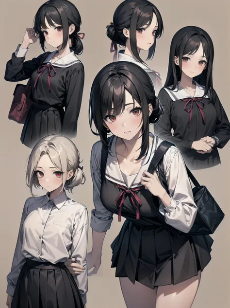 Masterpiece, top quality, super detailed, 16k, One girl, spring, high school, warm colors, school bag, accurate and highly detailed background, flock of schoolgirls in uniforms of various body shapes and hairstyles, cute. Blake. kaguya shinomiya, red eyes,...