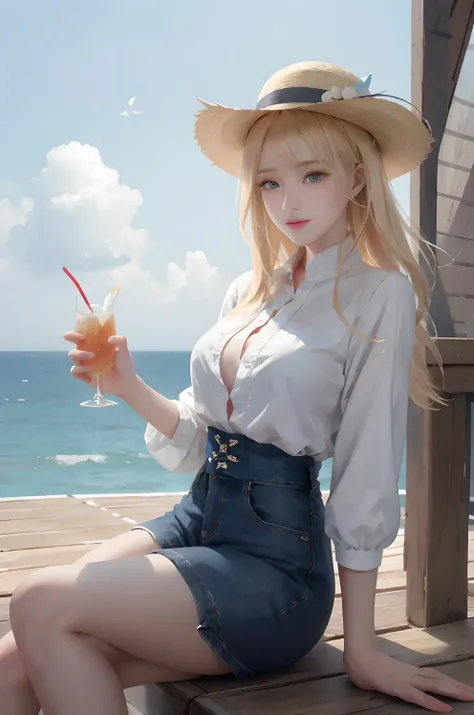 afloat，On the deck of the ship，cloudless sky，baiyun，seagulls，There is a woman sitting on the deck，annie，Perfect facial features，Long blonde hair，White tight-fitting top，denim short，Voluptious body，Ripe body，Lunette de soleil，big brimmed straw hat，Blowing t...