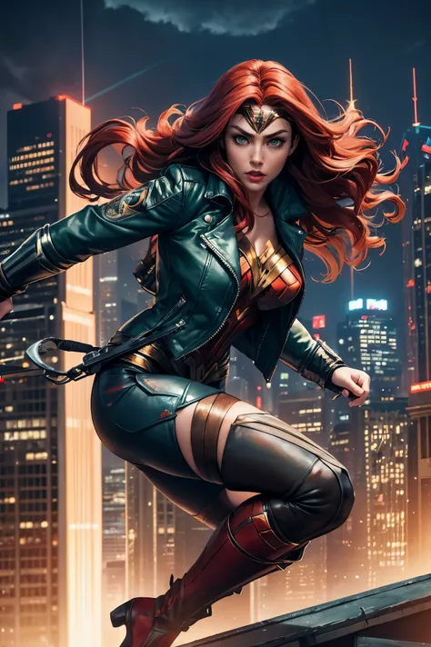 best quality,ultra-detailed,realistic) vibrant colors,comic book style,(studio lighting,sharp focus) female superhero in action,leaping into the air,powerful stance,with a golden lasso of truth,defending the innocent,brave and confident,(dazzling red lips,...