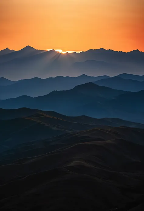 Sunset, Sun under the horizon, Sunset light stretching in a straight line along the edge of the sky and the landscape, Sky gradually darkening, Silhouette of mountains, Ethereal transition from day to night, Detail and Clarity, Sharp silhouettes of mountai...