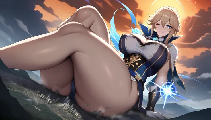 a girl using blue magic,jean genshin impact,(jk huge tits),milf,mature female,curvy body,good detail,one eye closed,giga size,taller then a mountain,looming over a city,destruction,magic,mystical,beautiful,seductive smile,temptation,shining eyes,full body,...