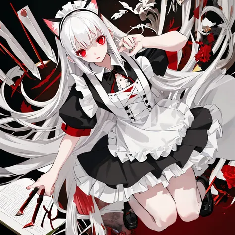 One Woman,white haired high school student,knife,Long Hair,Red eyes,Short skirt,Maid clothes,Looking from above,Embarrassed,Cat ear