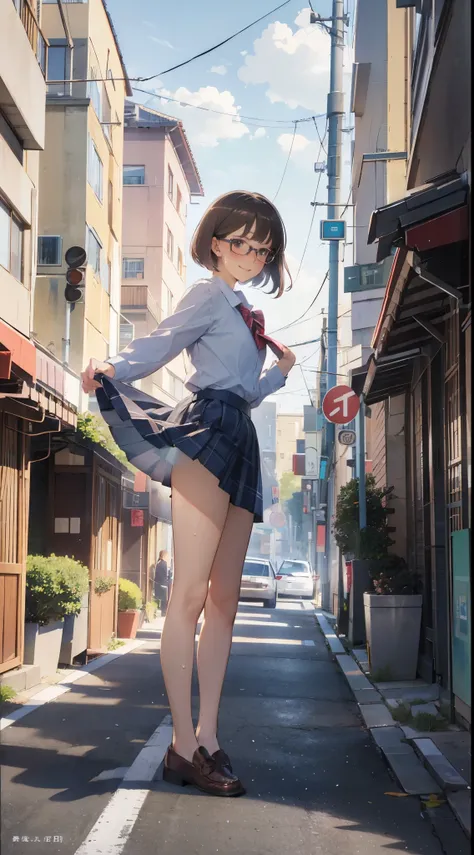 (super flat, flat shading), Honors Type, Really blushing, 17 years old, high school girl, wearing long sleeve shirt and plaid pleated mini skirt, Short bob cut brown hair, Glasses, sweaty healthy body, mesugaki smile, bare legs, loafers, ultra realistic, e...