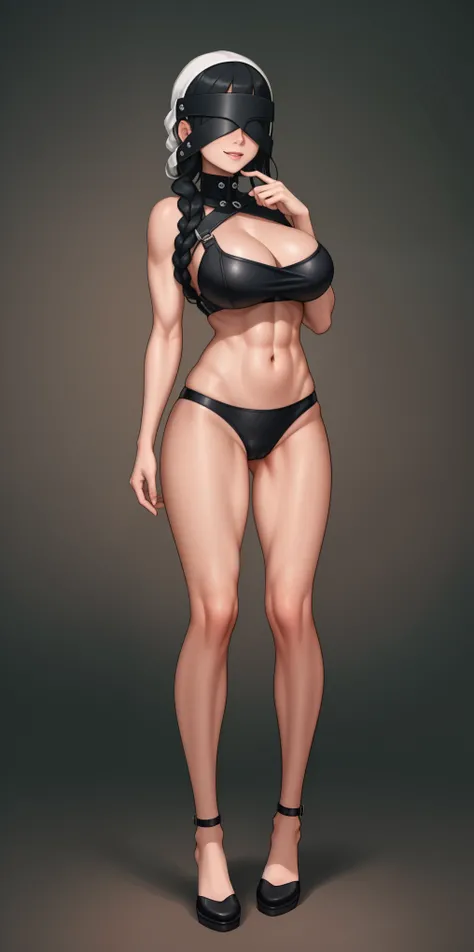 (masterpiece, HI quality: 1.1) 1girl full body standing good face, nice ass, hairstyle: braid, Color Hair: WHITE long hair, Blindfolded: NO EYES, Skin: White (porcelain skin, sparkly skin), muscular, thighs, Mature woman, Abs, looks at the viewer smiling, ...