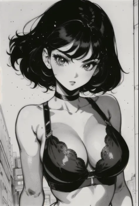 a beautiful girl with short black hair, in bra and pantie, retro anime, black and white