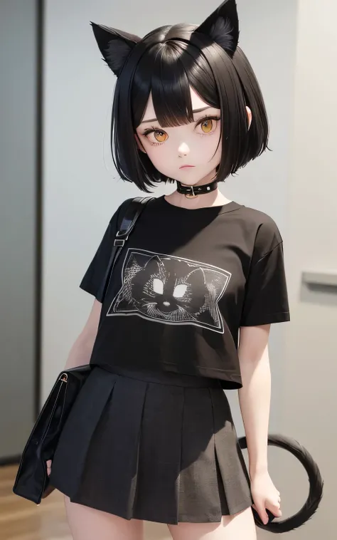 Super detailed, 8k, Black short hair, mini skirt, black T-shirt, fake cat ears, Big eyes, deep yellow eyes,