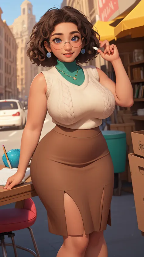 mirabel madrigal,  glasses, smile, ((sleeveless sweater)), market background, (((pencil skirt))), (((brown skin))), detailed skin, perfect legs, perfect thighs, (((curvy body))), BIG BREASTS, INVITING TO SEX, spread my legs, spread your legs