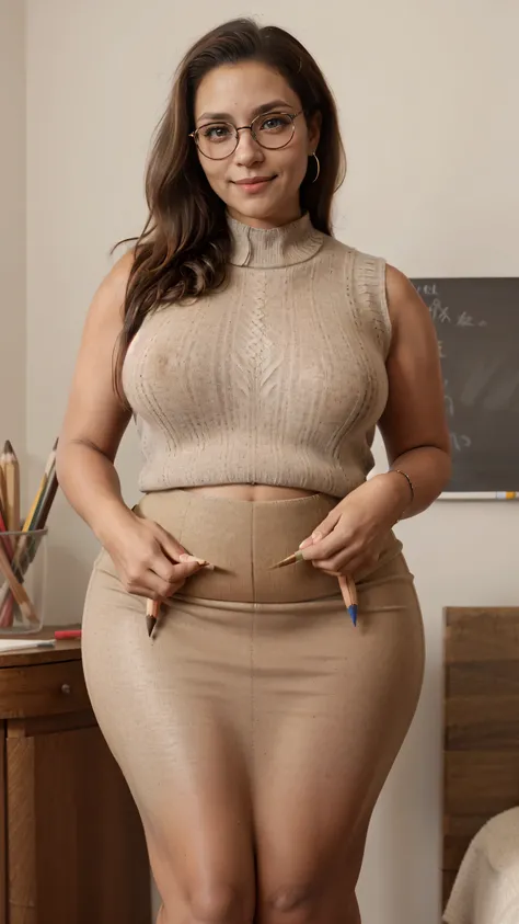 mirabel madrigal,  glasses, smile, ((sleeveless sweater)), , (((pencil skirt))), (((brown skin))), detailed skin, perfect legs, perfect thighs, (((curvy body))), BIG BREASTS, INVITING TO SEX