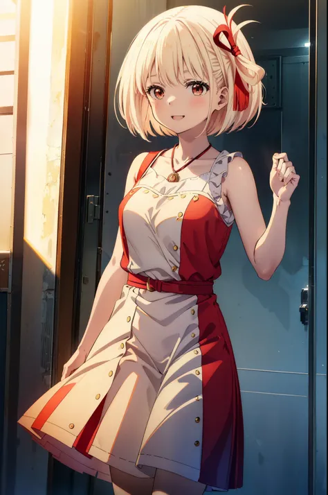 chisatonishikigi, Chisato Nishikigi, Short Hair, bangs, blonde,Bobcut, White hat(Red eyes:1.5),  Hair Ribbon,One side up,happy smile, smile, Open your mouth,smile,blush,Red sleeveless dress,White long skirt,Bare arms,Rocket Pendant,Cute Sandals,real summer...