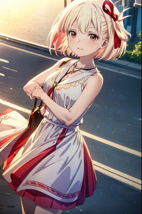 chisatonishikigi, Chisato Nishikigi, Short Hair, bangs, blonde,Bobcut, White hat(Red eyes:1.5),  Hair Ribbon,One side up,happy smile, smile, Open your mouth,smile,blush,Red sleeveless dress,White long skirt,Bare arms,Rocket Pendant,Cute Sandals,real summer...