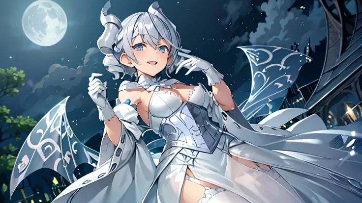 (:1.2), 1 girl, Silver short hair, Silvery horns,  White Dress, White Cape, bulging sleeves, White gloves, White Stockings, Silver Corset, White long skirt, 

at night, 
grin, 

masterpiece, highest quality, Anime illustration, Depth of written border, 
