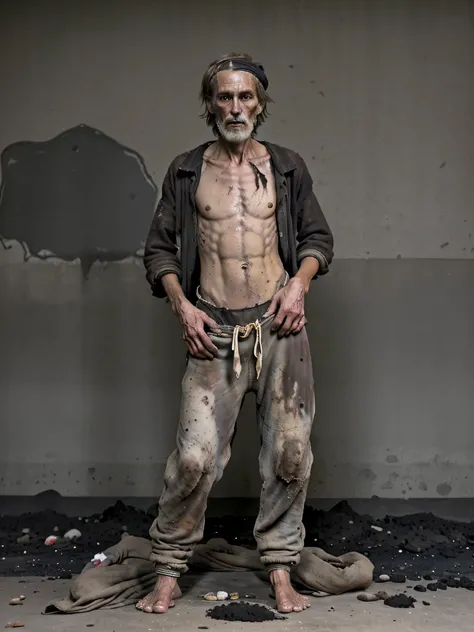 Vagrant, emaciated man and drug addict, he is dressed only in long pants that are too big for him and he is barefoot, he is working in a coal mine and he is all dirty. The homeless man is quite thin and skinny. Basura en el suelo. Calvo
